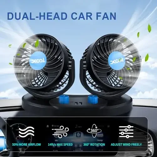 XOOL 12V Car Fan, 360 Degree Rotatable Electric Car Fans, 2 Speed Dual Head Fans with 2 USB Charging Ports, Quiet Strong Cooling Air Fan for Truck Vehicle Boat Van SUV RV - 3