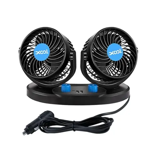 XOOL 12V Araç Fanı, 360 Derece Döndürülebilir Elektrikli Araç Fanları, 2 Hızlı Çift Başlıklı Fanlar, 2 USB Şarj Portlu, Kamyon Araba Tekne Van SUV RV için Sessiz Güçlü Soğutma Hava Fanı - 1