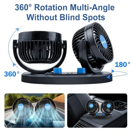 XOOL 12V Araç Fanı, 360 Derece Döndürülebilir Elektrikli Araç Fanları, 2 Hızlı Çift Başlıklı Fanlar, 2 USB Şarj Portlu, Kamyon Araba Tekne Van SUV RV için Sessiz Güçlü Soğutma Hava Fanı - 2