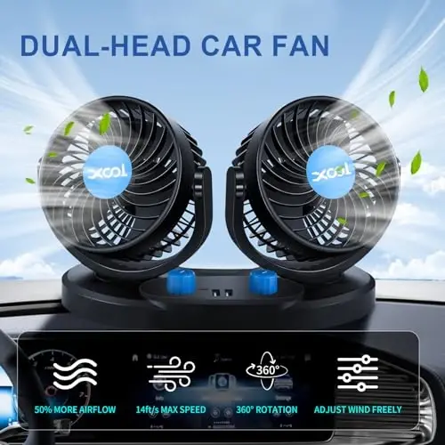 XOOL 12V Araç Fanı, 360 Derece Döndürülebilir Elektrikli Araç Fanları, 2 Hızlı Çift Başlıklı Fanlar, 2 USB Şarj Portlu, Kamyon Araba Tekne Van SUV RV için Sessiz Güçlü Soğutma Hava Fanı - 3