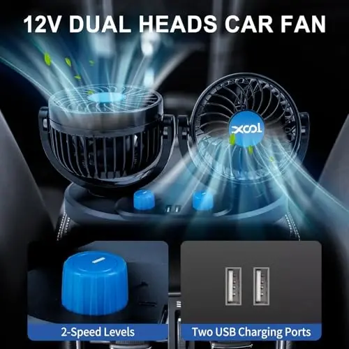 XOOL 12V Araç Fanı, 360 Derece Döndürülebilir Elektrikli Araç Fanları, 2 Hızlı Çift Başlıklı Fanlar, 2 USB Şarj Portlu, Kamyon Araba Tekne Van SUV RV için Sessiz Güçlü Soğutma Hava Fanı - 4