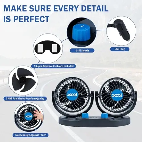 XOOL 12V Araç Fanı, 360 Derece Döndürülebilir Elektrikli Araç Fanları, 2 Hızlı Çift Başlıklı Fanlar, 2 USB Şarj Portlu, Kamyon Araba Tekne Van SUV RV için Sessiz Güçlü Soğutma Hava Fanı - 7