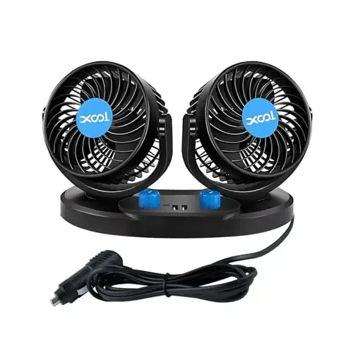XOOL 12V Автомобильный вентилятор, вращающиеся на 360 градусов электрические автомобильные вентиляторы, 2-скоростные двухголовые вентиляторы с 2 USB портами для зарядки, тихий мощный охлаждающий воздушный вентилятор для грузовика, автомобиля, лодки, фургона, внедорожника, RV 