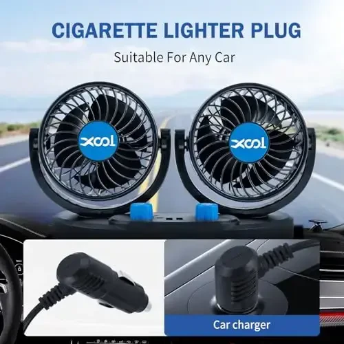 XOOL 12V Car Fan, 360 Degree Rotatable Electric Car Fans, 2 Speed Dual Head Fans with 2 USB Charging Ports, Quiet Strong Cooling Air Fan for Truck Vehicle Boat Van SUV RV - 5