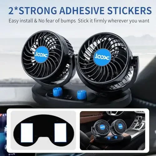 XOOL 12V Car Fan, 360 Degree Rotatable Electric Car Fans, 2 Speed Dual Head Fans with 2 USB Charging Ports, Quiet Strong Cooling Air Fan for Truck Vehicle Boat Van SUV RV - 6