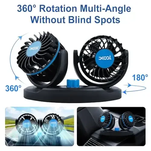 XOOL 12V Fan Car Fan, Adjustable Dual Head 3.5 Inches for Front Seat Passenger, 360° Rotatable Electric Car Cooling Fans with 2 Speed Regulation for SUV, RV, Vehicles - XOOL (1)