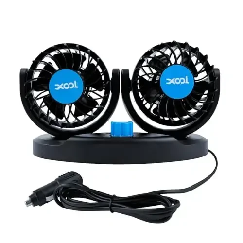 XOOL 12V Fan Car Fan, Adjustable Dual Head 3.5 Inches for Front Seat Passenger, 360° Rotatable Electric Car Cooling Fans with 2 Speed Regulation for SUV, RV, Vehicles - XOOL