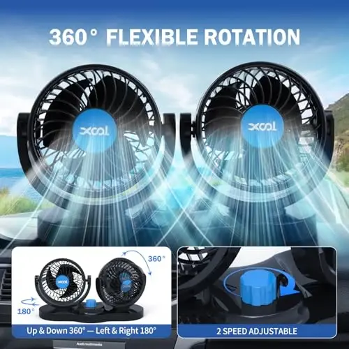 XOOL Car Fan 12V Portable Auto Cooling Fan with Cigarette Lighter Plug, 360° Rotatable High Power Vehicle Fan for Truck SUV RV - XOOL (1)