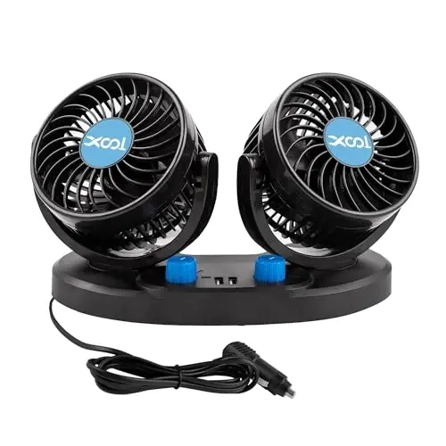 XOOL Car Fan – Car Cooling Fan with 2 USB Charging Ports, Quiet Strong Airflow, Cigarette Lighter Plug, Fan for Car, Vehicles, RVs, and SUVs 