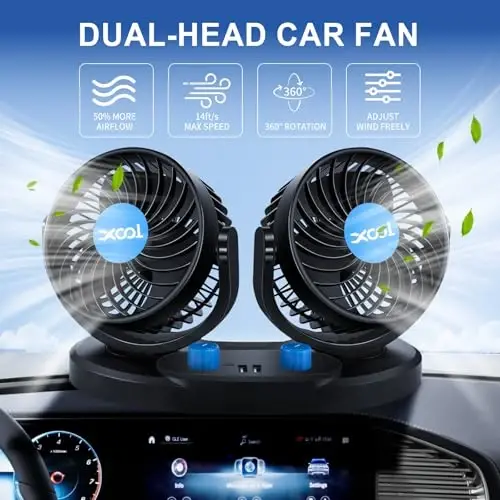 XOOL Car Fan – Car Cooling Fan with 2 USB Charging Ports, Quiet Strong Airflow, Cigarette Lighter Plug, Fan for Car, Vehicles, RVs, and SUVs - XOOL (1)