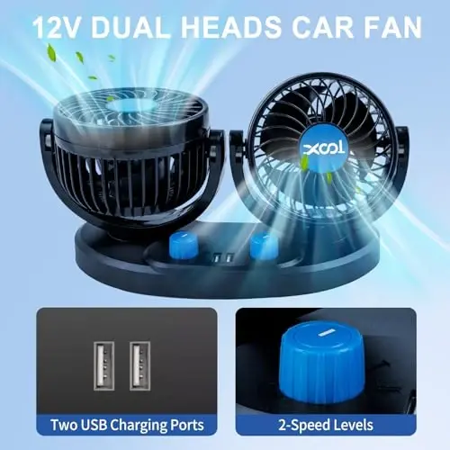 XOOL Avtomobil Fanati – 2 ta USB quvvatlash portiga ega, jim va kuchli havo oqimli, sigaret o't oldirgich vilkali, avtomobillar, transport vositalari, avtouylar va yo'ltanlamas avtomobillar uchun fanat - 5