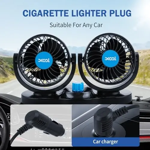 XOOL Car Fan 12V Portativ Avto Sovutish Fani, Ikkita Boshli Avtomobil Fanatlari Sigaret Çakmağı 360 Daraja Aylanadigan Transport vositasi Fanatlari Yuk mashinasi SUV Sedan RV Van Qayiq Golf Arava uchun - 2