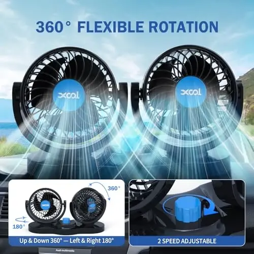 XOOL Car Fan 12V Portativ Avto Sovutish Fani, Ikkita Boshli Avtomobil Fanatlari Sigaret Çakmağı 360 Daraja Aylanadigan Transport vositasi Fanatlari Yuk mashinasi SUV Sedan RV Van Qayiq Golf Arava uchun - 3