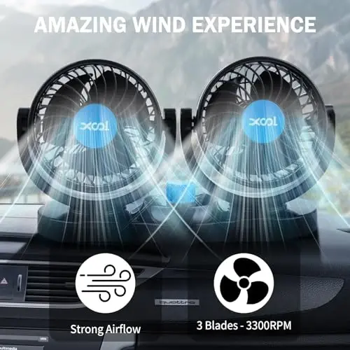XOOL Car Fan 12V Portativ Avto Sovutish Fani, Ikkita Boshli Avtomobil Fanatlari Sigaret Çakmağı 360 Daraja Aylanadigan Transport vositasi Fanatlari Yuk mashinasi SUV Sedan RV Van Qayiq Golf Arava uchun - 4