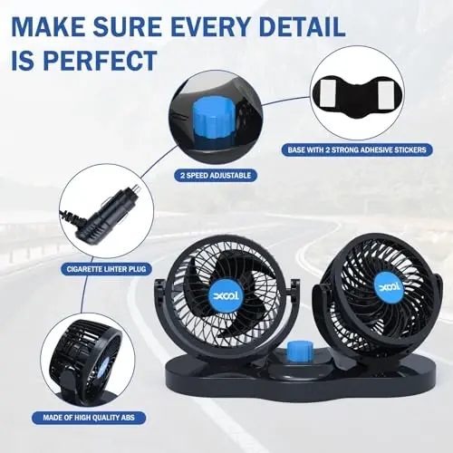 XOOL Car Fan 12V Portativ Avto Sovutish Fani, Ikkita Boshli Avtomobil Fanatlari Sigaret Çakmağı 360 Daraja Aylanadigan Transport vositasi Fanatlari Yuk mashinasi SUV Sedan RV Van Qayiq Golf Arava uchun - 10