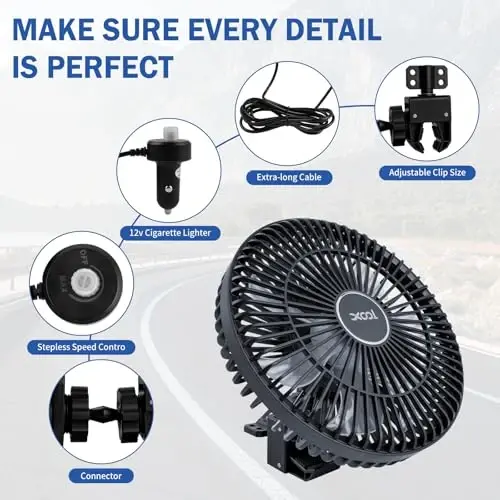 XOOL Clip Car Fan, 9 Inches 12V/24V Fan, 360° Rotatable Electric Cooling Clip on Fan with Stepless Speed Regulation for SUV, RV, Truck - 6