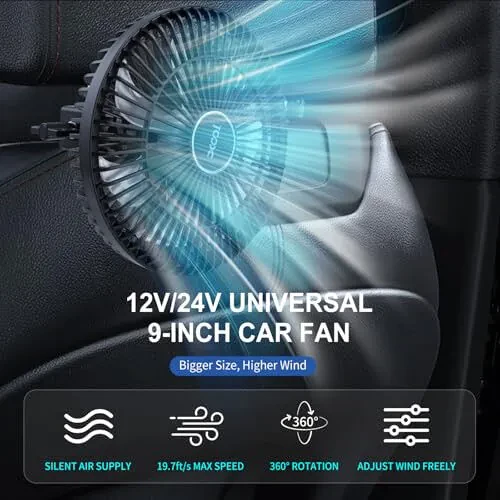 XOOL Clip Car Fan, 9 Inches 12V/24V Fan for Front/Rear Seat Passenger, 360 Degree Rotatable Electric Cooling with Stepless Speed Regulation SUV, RV, Truck - MODAZONE (1)