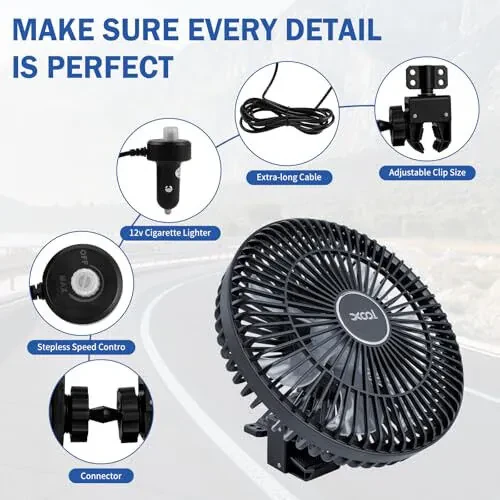 XOOL Clip Car Fan, 9 Inches 12V/24V Fan for Front/Rear Seat Passenger, 360 Degree Rotatable Electric Cooling with Stepless Speed Regulation SUV, RV, Truck - 4