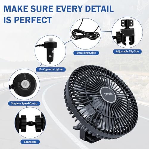 XOOL Clip Car Fan, 9 Inches 12V/24V Fan for Front/Rear Seat Passenger, 360 Degree Rotatable Electric Cooling with Stepless Speed Regulation SUV, RV, Truck - 4