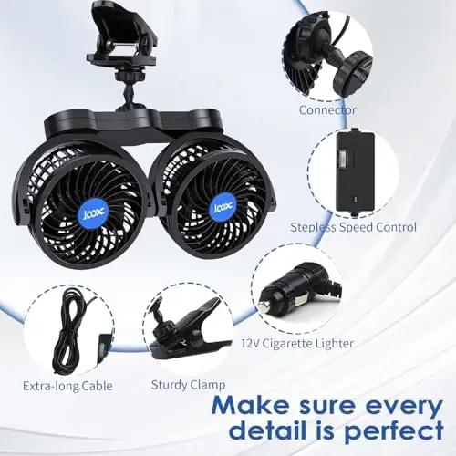 XOOL Clip Car Fan, Adjustable Dual Head 4 Inches 12V Fan for Front/Rear Seat Passenger, 360° Rotatable Electric Car Cooling Fans with Stepless Speed Regulation for SUV, RV, Vehicles - 7
