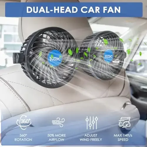 XOOL Clip Car Fan, oldinga/orqa o'rindiqdagi yo'lovchilar uchun sozlanishi ikki boshli 4 dyuymli 12V fan, SUV, RV, transport vositalari uchun bosqichsiz tezlikni sozlash bilan 360° aylanadigan elektr avtomobil sovutish fanatlari - 3