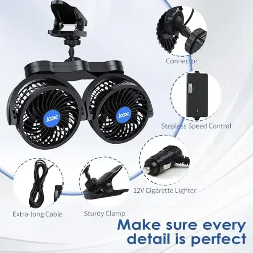 XOOL Clip Car Fan, oldinga/orqa o'rindiqdagi yo'lovchilar uchun sozlanishi ikki boshli 4 dyuymli 12V fan, SUV, RV, transport vositalari uchun bosqichsiz tezlikni sozlash bilan 360° aylanadigan elektr avtomobil sovutish fanatlari - 7