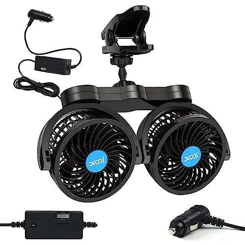 XOOL Clip Car Fan, oldinga/orqa o'rindiqdagi yo'lovchilar uchun sozlanishi ikki boshli 4 dyuymli 12V fan, SUV, RV, transport vositalari uchun bosqichsiz tezlikni sozlash bilan 360° aylanadigan elektr avtomobil sovutish fanatlari - MODAZONE
