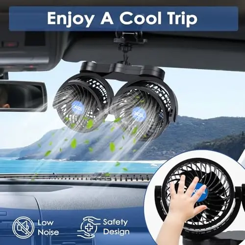 XOOL Clip Car Fan, oldinga/orqa o'rindiqdagi yo'lovchilar uchun sozlanishi ikki boshli 4 dyuymli 12V fan, SUV, RV, transport vositalari uchun bosqichsiz tezlikni sozlash bilan 360° aylanadigan elektr avtomobil sovutish fanatlari - 4