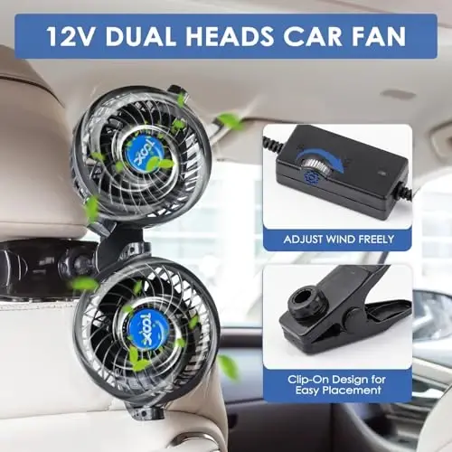 XOOL Clip Car Fan, oldinga/orqa o'rindiqdagi yo'lovchilar uchun sozlanishi ikki boshli 4 dyuymli 12V fan, SUV, RV, transport vositalari uchun bosqichsiz tezlikni sozlash bilan 360° aylanadigan elektr avtomobil sovutish fanatlari - 5