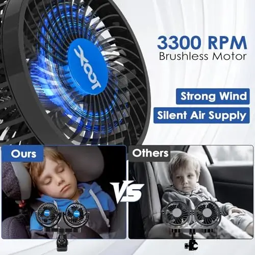 XOOL Clip Car Fan, oldinga/orqa o'rindiqdagi yo'lovchilar uchun sozlanishi ikki boshli 4 dyuymli 12V fan, SUV, RV, transport vositalari uchun bosqichsiz tezlikni sozlash bilan 360° aylanadigan elektr avtomobil sovutish fanatlari - 6