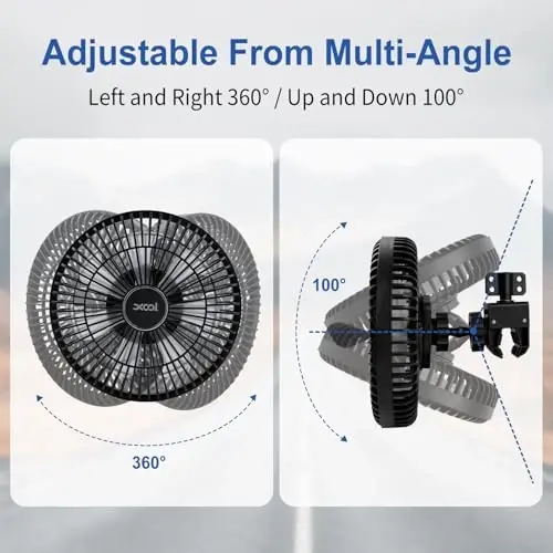 XOOL Clip On Fan, 9 Inches USB Car Fan for Front/Rear Seat Passenger, 360 Degree Rotatable Electric Cooling with Stepless Speed Regulation SUV, RV, Truck 