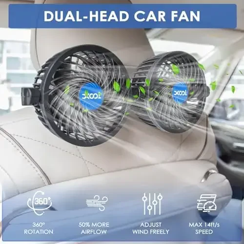 XOOL Electric Car Fans for Rear Seat Passenger Portable Fans Headrest 360 Degree Rotatable Backseat Car Fan 12V Cooling Air Fan with Stepless Speed Regulation for Vehicles, SUV, RV - XOOL (1)