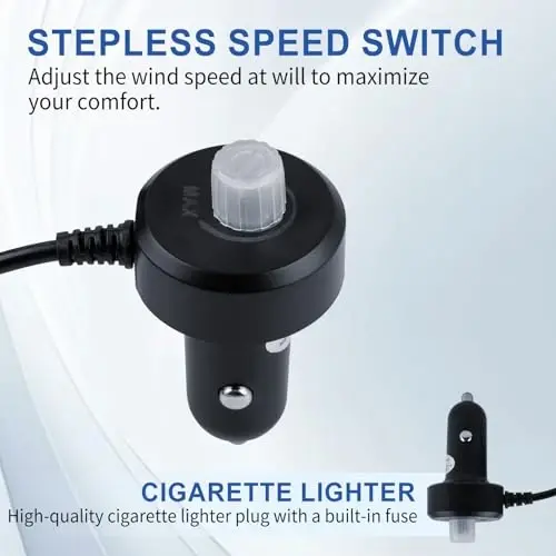 XOOL Clip Car Fan, 9 Inches 12V/24V Fan for Front/Rear Seat Passenger, 360 Degree Rotatable Electric Cooling with Stepless Speed Regulation SUV, RV, Truck - 7