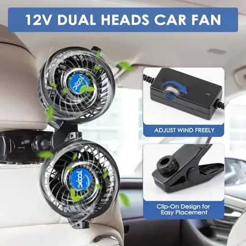 XOOL Clip Car Fan, Adjustable Dual Head 4 Inches 12V Fan for Front/Rear Seat Passenger, 360° Rotatable Electric Car Cooling Fans with Stepless Speed Regulation for SUV, RV, Vehicles - 5