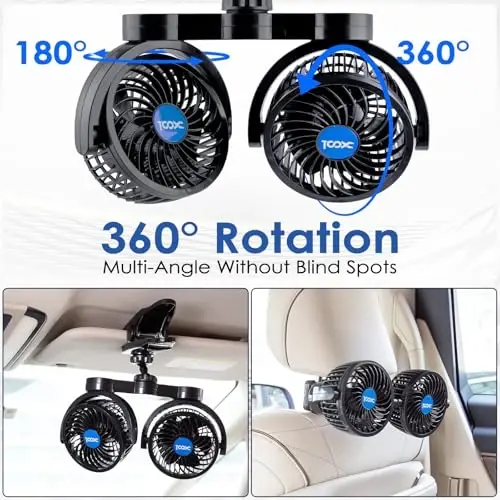 XOOL Clip Car Fan, Adjustable Dual Head 4 Inches 12V Fan for Front/Rear Seat Passenger, 360° Rotatable Electric Car Cooling Fans with Stepless Speed Regulation for SUV, RV, Vehicles - 2