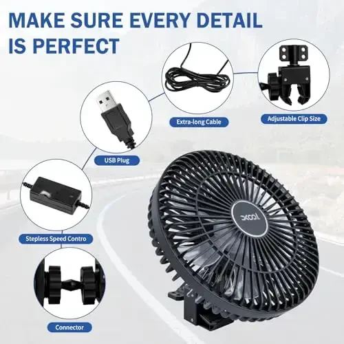 XOOL Clip On Fan, 9 Inches USB Car Fan for Front/Rear Seat Passenger, 360 Degree Rotatable Electric Cooling with Stepless Speed Regulation SUV, RV, Truck - 6