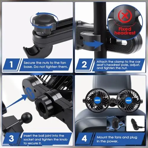 XOOL orqa o'rindiqdagi yo'lovchilar uchun elektr avtomobil ventilyatorlari Portativ ventilyatorlar Bosh suyanchi 360 daraja aylanadigan orqa o'rindiqli avtomobil ventilyatori 12V Transport vositalari, SUV, RV uchun bosqichma-bosqich tezlikni sozlash bilan sovutish ventilyatori - 6