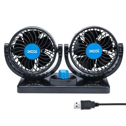 XOOL USB Car Cooling Fans, 2 Speeds Dual Head Car Fan, 360° Rotatable, 5V/2A Powerful Car Fans that Blow Cold Air, Portable Car Fans for Vehicles, SUV, RV, Boat (USB Plug) 