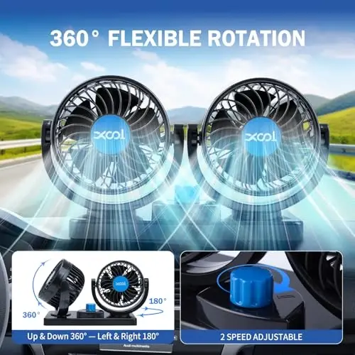 XOOL USB Car Cooling Fans, 2 Speeds Dual Head Car Fan, 360° Rotatable, 5V/2A Powerful Car Fans that Blow Cold Air, Portable Car Fans for Vehicles, SUV, RV, Boat (USB Plug) - 3