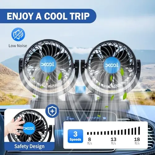 XOOL USB Car Cooling Fans, 2 Speeds Dual Head Car Fan, 360° Rotatable, 5V/2A Powerful Car Fans that Blow Cold Air, Portable Car Fans for Vehicles, SUV, RV, Boat (USB Plug) - 5