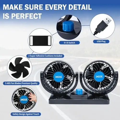 XOOL USB Car Cooling Fans, 2 Speeds Dual Head Car Fan, 360° Rotatable, 5V/2A Powerful Car Fans that Blow Cold Air, Portable Car Fans for Vehicles, SUV, RV, Boat (USB Plug) - 6