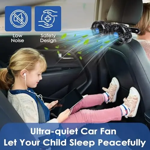 XOOL USB Dual Head Backseat Car Fan – 360° Rotatable Rear Seat Air Circulator with Stepless Speed & Adjustable Clip for Kids in SUV, Truck, RV - 5