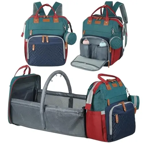 XTGVZ large diaper bag backpack，baby bag with changing station for Boys Girls，Multifunctional Diaper Bag，Mommy Bag With USB Charging Port（Blue-green-red） - 1