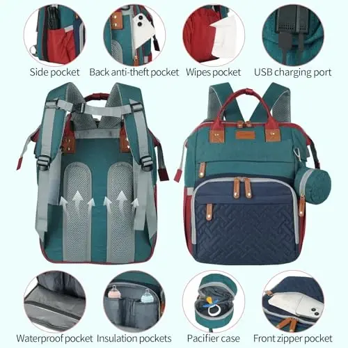 XTGVZ large diaper bag backpack，baby bag with changing station for Boys Girls，Multifunctional Diaper Bag，Mommy Bag With USB Charging Port（Blue-green-red） - 3