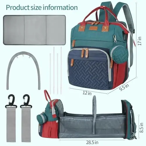 XTGVZ large diaper bag backpack，baby bag with changing station for Boys Girls，Multifunctional Diaper Bag，Mommy Bag With USB Charging Port（Blue-green-red） - 4
