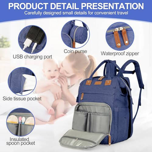 XTGVZ large diaper bag backpack, baby bag with changing station for Boys Girls, Multifunctional Diaper Bag, Mommy Bag With USB Charging Port (Blue) - 4