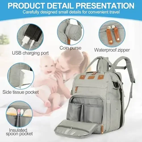 XTGVZ large diaper bag backpack，baby bag with changing station for Boys Girls，Multifunctional Diaper Bag，Mommy Bag With USB Charging Port（grey） - 4