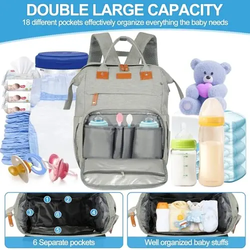 XTGVZ large diaper bag backpack，baby bag with changing station for Boys Girls，Multifunctional Diaper Bag，Mommy Bag With USB Charging Port（grey） - 2