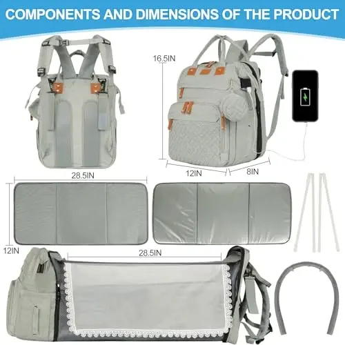 XTGVZ large diaper bag backpack，baby bag with changing station for Boys Girls，Multifunctional Diaper Bag，Mommy Bag With USB Charging Port（grey） - 3