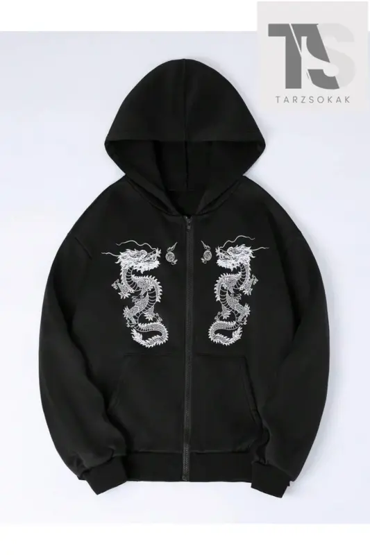 Double Dragons Sweatshirt Fermuarlı Hırka - siyah ejder - 1
